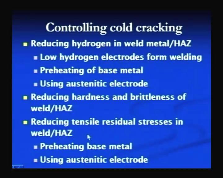 (Refer Slide Time: 36:30) In order to control the delayed cracking we have to see, that the presence of hydrogen from the weldment is avoided or the development of the residual tensile stresses is
