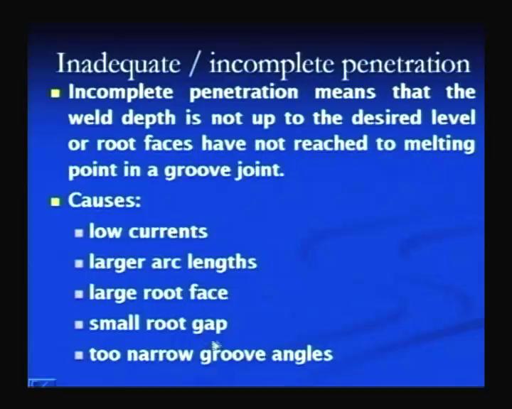 (Refer Slide Time: 54:12) The incomplete penetration is the another defect, which is noticed particularly when the melting of the base metal is not up to the mark, which is required for producing the