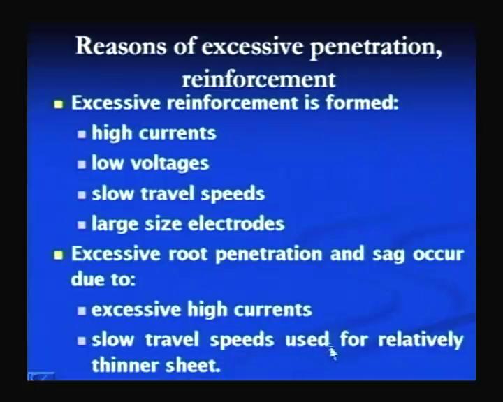 (Refer Slide Time: 57:48) And the reasons for excessive penetration is the high current, lower voltage, slower welding speeds and the large electrode