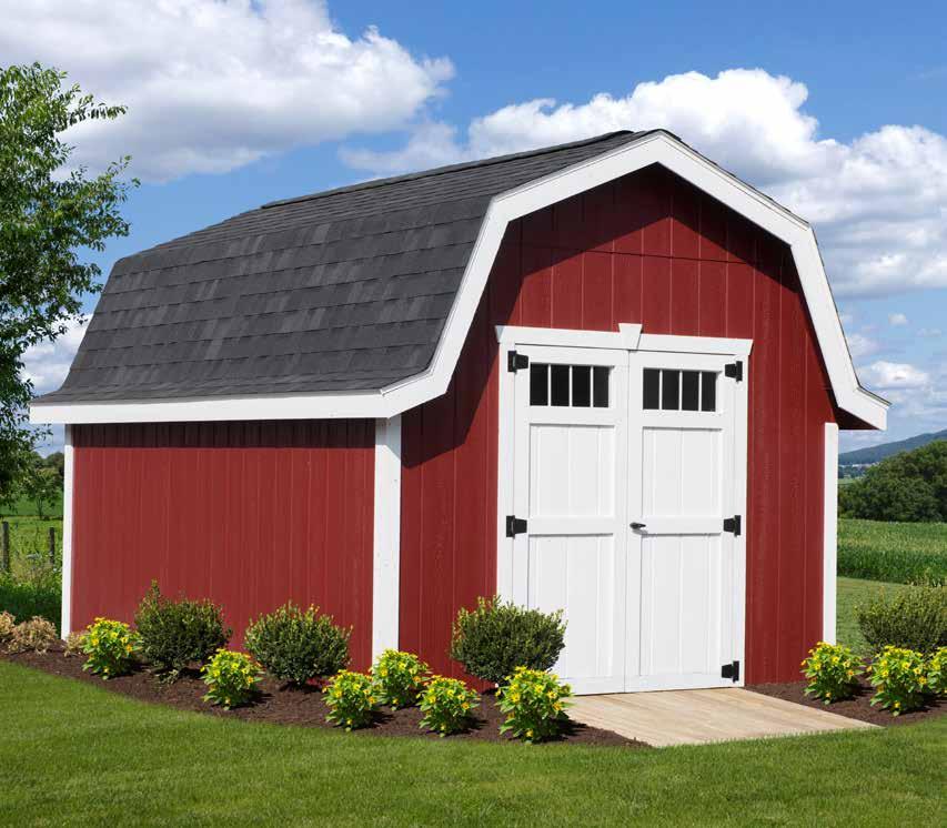 OPTIONS ON THIS 10x14 Black 30 year Shingles 5 Sidewall Height Transom Windows Mountain Red / White Ramp Manchester Storage Horsebarn Gardening With a charming gambrel roof,