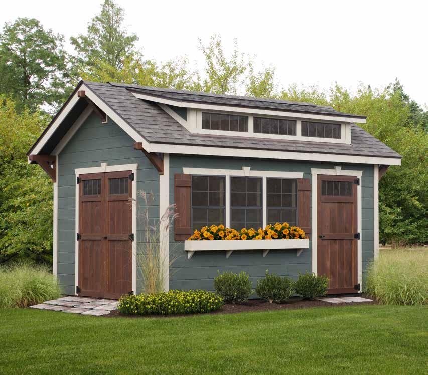 OPTIONS ON THIS 10x14 Driftwood 30 Year Shingles 2 x 3 Windows Transom Windows Flower Box / Shutter Set Avacado / Almond/ Bark Craftsman Workshop Potting Shed Pool house Offering lots of storage room