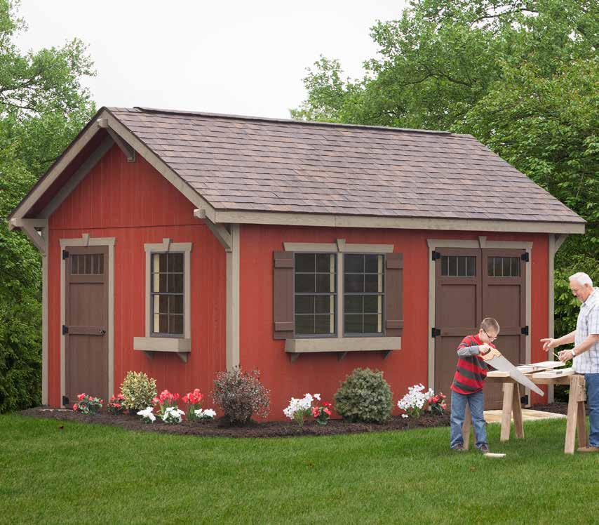 OPTIONS ON THIS 12x16 Brownwood 30 Year Shingles 2 x 3 Windows Transom Windows Flower Box / Shutter Set Ramp Mountain Red / Shale /Brown Estate Storage Workshop Studio Our ESTATE model offers classic