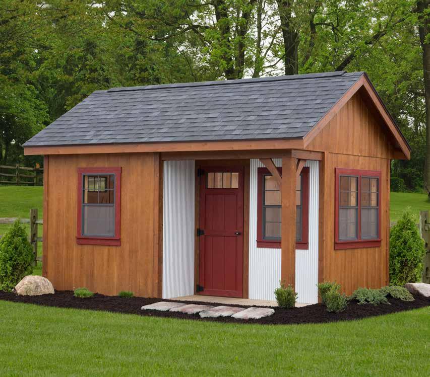 OPTIONS ON THIS 10x14 Black 30 Year Shingles 2 x 3 Windows Transom Windows Steeper 7/12 Pitch Roof Corrugated Metal On Porch Butternut / Mountain Red *square trim without keystones Newbury Playhouse