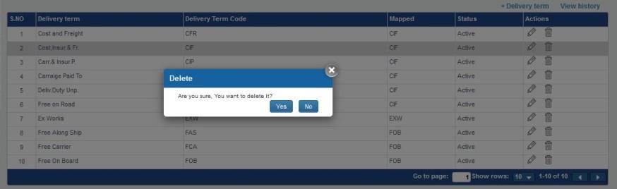 3. To add new Delivery term mapping, select+ Delivery term, enter the new delivery term details in the popup as shown below