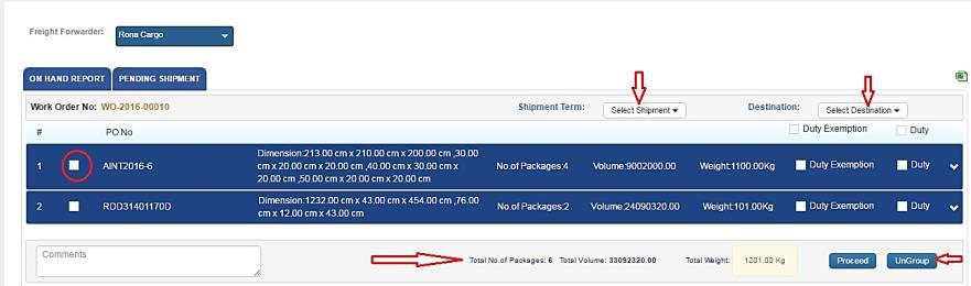 11. Enter shipment term and destination by selecting dropdown and dropdown. 12. At bottom of PO list, it will display total no.
