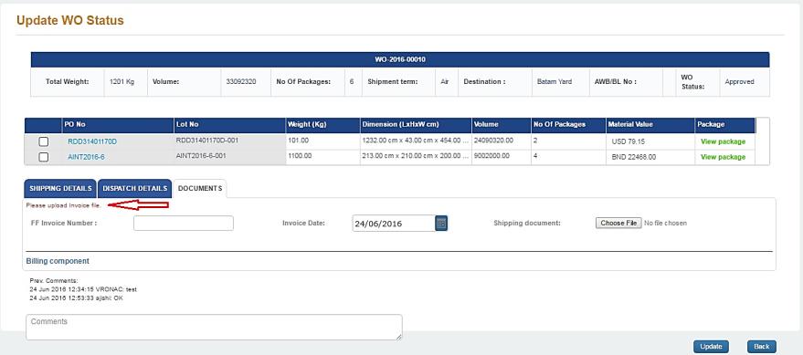 Click on update under Status column with workorder status Approved. 4. It will display Update WO status page as shown in figure (b), to update the dispatch details in dispatch details tab.