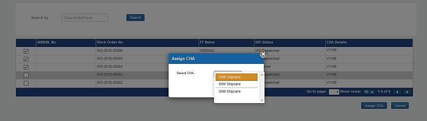 (d) Select CHA from CHA list 6. After Successful update of CHA, application triggers mail to CHA with WO details.