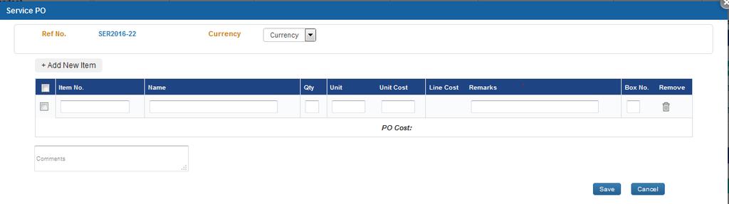 is auto-generated, select currency code and fill item details in the input field and add new item by clicking on button.