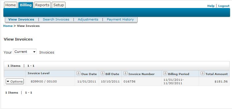 Invoices You can view invoices by selecting View details link on the Home page or by clicking the Billing navigation tab. By default, the View Invoices screen displays all current invoices.