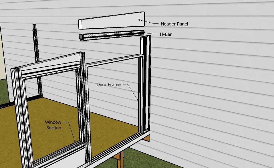 Insert the header panel into the vertical h-bars and down into the h-bar header above the door. Secure the door jamb to the vertical h-bars with #10 x 2 TEK screws.