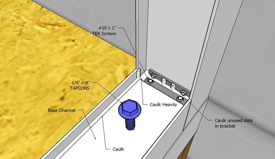 Once the Base Channels have been secured to the home as receivers for the wall panels, secure Base Channel to the deck with ¼ x 4 Tapcons. Caulk beneath the Base Channel before installing.