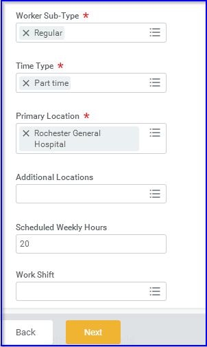 16. Click the prompts and select the appropriate information for the following fields: Worker Sub-Type* > Worker Types > Per Diem or Regular Time Type* > Full Time or