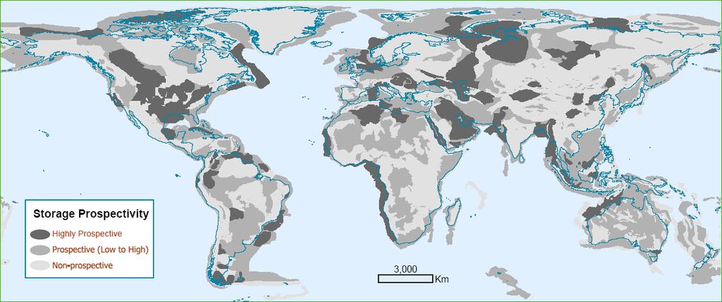 Geographical relationship between sources and storage opportunities Storage prospectivity Highly prospective sedimentary basins Prospective sedimentary basins Non-prospective sedimentary basins,