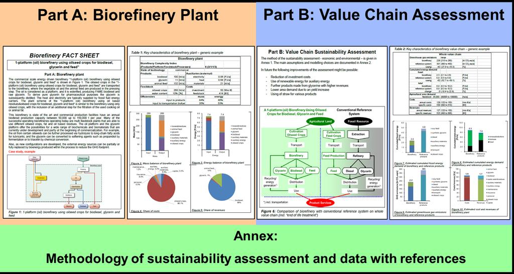 In Part A the key characteristics of the biorefinery plant are described by giving compact information on classification scheme, description of the biorefinery, mass and energy balance, share of