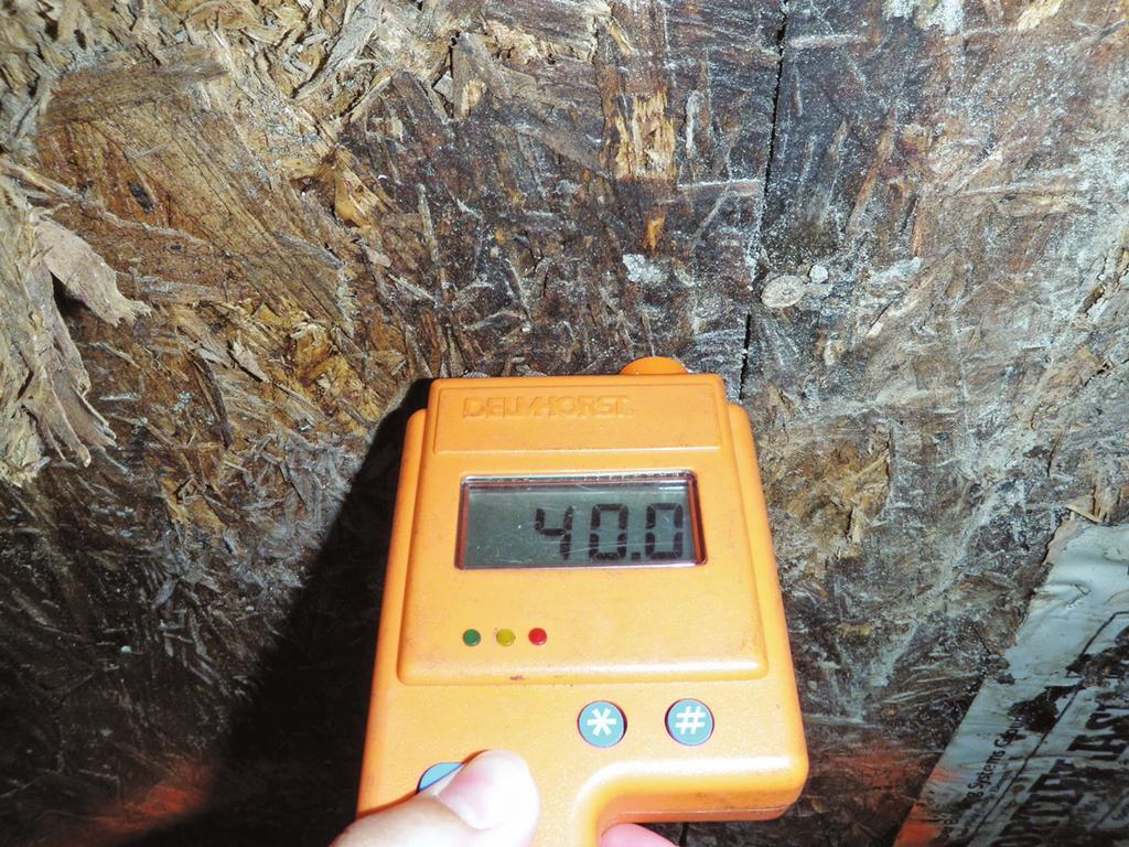 Figure 4 Deteriorated structural framing as a result of water within wall system. Figure 3 High moisture content reading at deteriorated OSB sheathing.