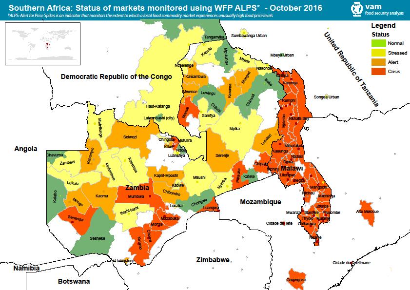 The above map visualizes the data from Table 2. The map highlights that most districts in Malawi are in ALPS crisis status with regard to maize retail prices.