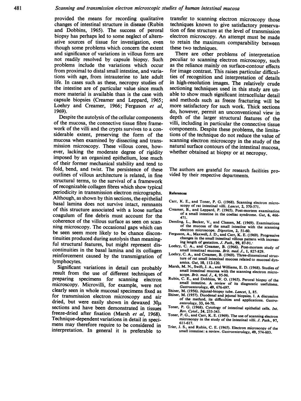 481 Scanning and transmission electron microscopic studies of human intestinal mucosa provided the means for recording qualitative changes of intestinal structure in disease (Rubin and Dobbins, 1965).