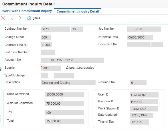 Processing Commitment Rollovers 5.3.3.3 Versions Order Entry (P4310) Specify which version of Purchase Order Entry to call. If this processing option is left blank, then the system uses ZJDE0001. 5.3.4 Reviewing Detailed Commitment Information Access the Commitment Inquiry Detail form.