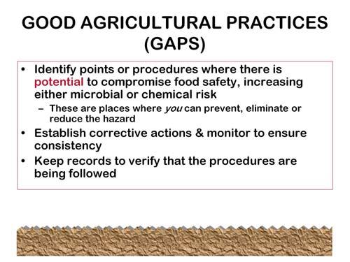 Growers 2010 6 The basic outline for developing Good Agricultural Practices are to First Identify points or procedures where there is potential to compromise food safety, increasing the risk of