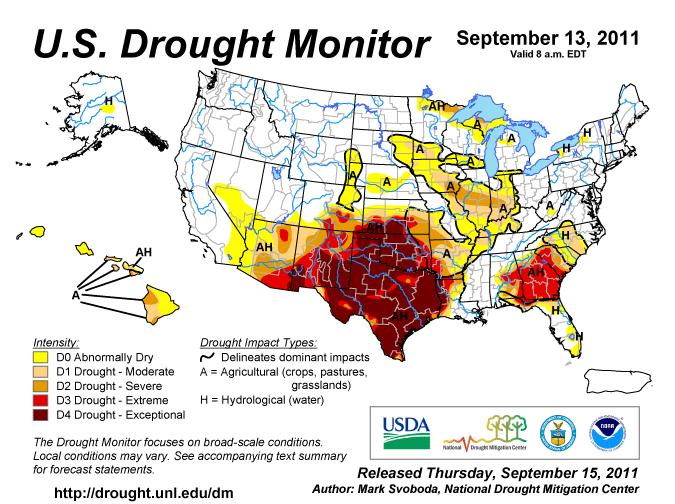 U.S. Cattle Areas Experiencing Drought Reflects September 13, 2011 U.S. Drought Monitor data Approximately 37% of the domestic cattle inventory is within an area experiencing drought, based on NASS 2007 Census of Agriculture data.