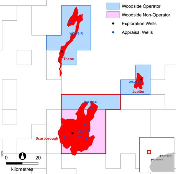 Scarborough LNG World-class gas resources in the Carnarvon Basin Scarborough area assets include the Scarborough, Thebe and Jupiter fields, estimated to contain gross 8.