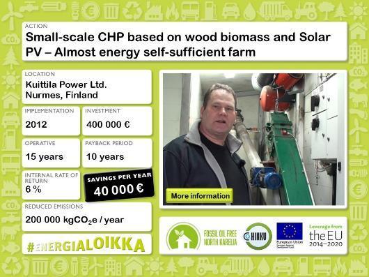 Small-scale CHP based on wood biomass and Solar PV Investment on combined heat and power took place 2012 ja in photovoltaic (50 kw) in 2015 CHP plant is based on the woodchips gasification technology