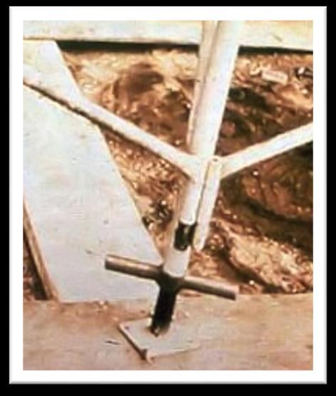 Footing Support scaffold footings must be level and capable of supporting the loaded scaffold. The legs, poles, frames, and uprights must bear on base plates and mud sills. a. Keep the scaffold level, plumb, and square.