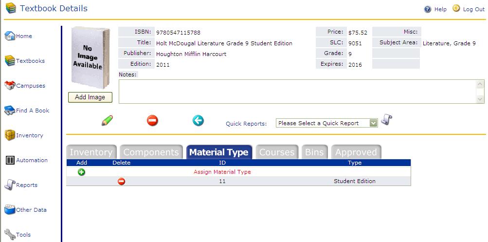 Selecting the Material Type tab on the Textbook Details page will provide additional