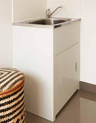 basin with chrome waste outlet Designer laminate floating vanity unit on a laminate pedestal with laminated squareedge benchtop