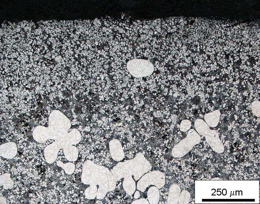 Fig.4 Optical micrograph showing the eutectic surface layer found in SSM-HPDC brake calipers The first set of experiments (and previous work by the authors [6-10]) has revealed that shorter heat