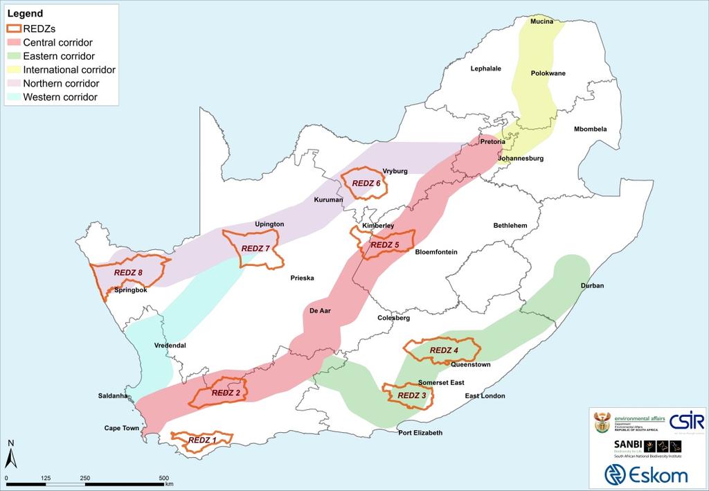 Figure 1: Renewable Energy Development Zones (REDZs ) and Power Corridors for South Africa (source: CSIR, http://egi.csir.co.
