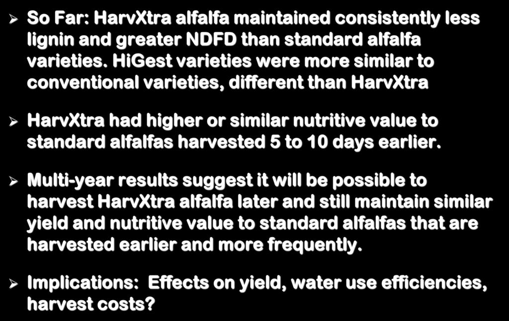 Summary So Far: HarvXtra alfalfa maintained consistently less lignin and greater NDFD than standard alfalfa varieties.