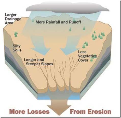 Factors that influence erosion: rainfall/runoff amount and intensity types of