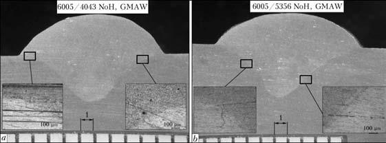 Figure 3. Macro- and microsections demonstrated the effect of filler metal on liquation cracking (here and in Figures below NoH not preheated sample) X100.