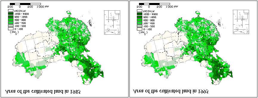 3 (a) Figure 2 Distribution of cultivated land in 1985 (a) and 1995 (b) at county level (b) Figure 3 Difference in the area of cultivated land between 1995 and 1985 (Positive values mean that the