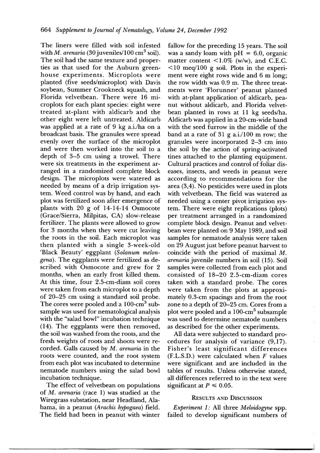 664 Supplement to Journal of Nematology, Volume 24, December 1992 The liners were filled with soil infested with M. arenaria (30juveniles/100 cm ~ soil).