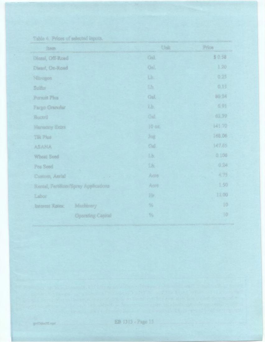 Table 4. Prices of selected inputs. Item Unit Price Diesel, Off-Road Gal. $0.