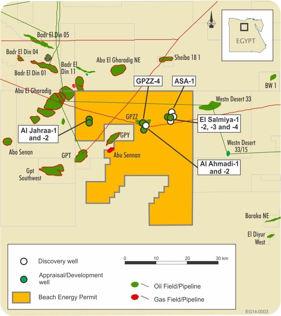 Abu Sennan Concession Beach 22%, Kuwait Energy 50% and operator, Dover Investments 28% El Salmiya-2, tested a new reservoir zone at ~3,500 bopd El Salmiya appraisal program in progress: El Salmiya-3