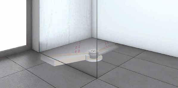 size: 50 x 50 mm H H Substructure element (optionally available) L L Integrated, screwed floor drain from the bath drain range Vliesüberstand umlaufend 70 mm Fleece projection Vliesüberstand