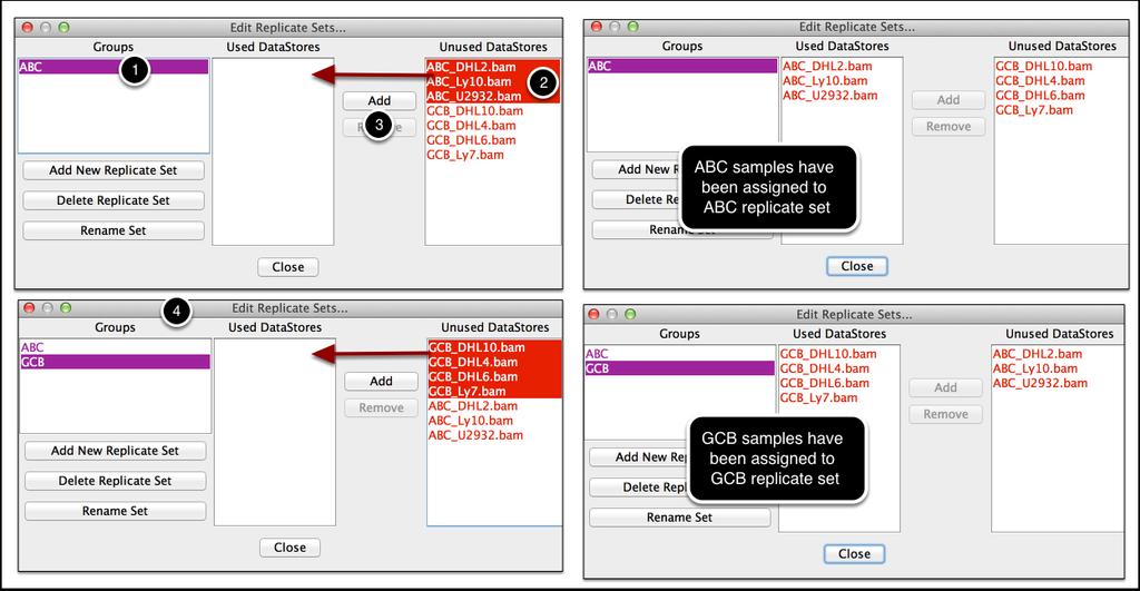 Create Replicate Dataset: Step 2 Assigning samples into each replicate sets 1. Highlight to select the ABC replicate set 2.