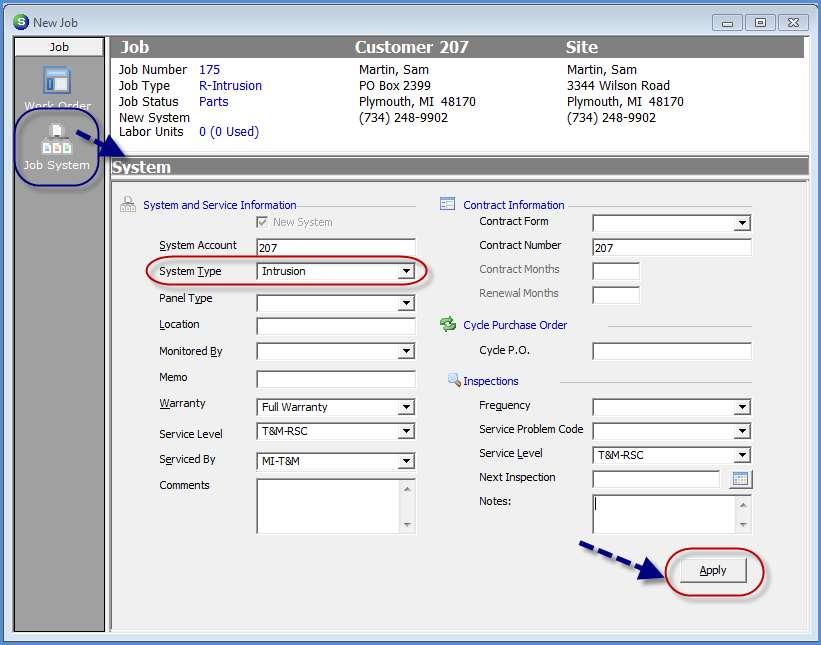 The Job System form will be displayed. Select a System Type, and click on the Apply button to save.