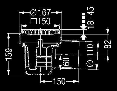 76 92 Installation area 220 x 180 mm Article description Basement drain in PP, Ø 110 Lateral outlet 2.5, 1.6 l/sec flow rate With removable odour trap and sludge trap.