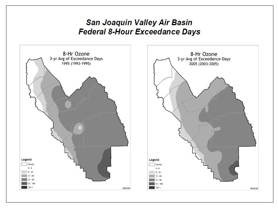Figure 5-2: San Joaquin Valley Air Basin Change in Federal 8-Hour Exceedance Days 1995 to 2005 Today (2003 to 2005 average map), we see a substantial expansion of areas with 10 or fewer exceedance