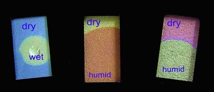 Smart pigments for humidity indication SHIs can change color from blue to green from green via yellow to red from red to green (indicating RH level or water penetration) High humidity coupled with