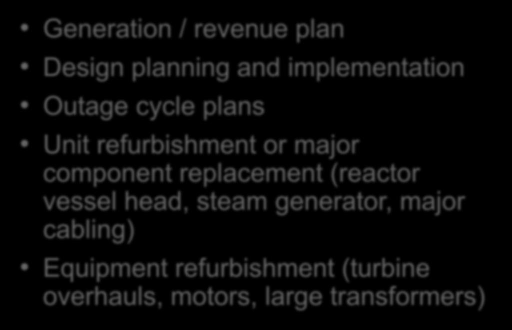 Long-Term Plan Generation / revenue plan Design planning and implementation Outage cycle plans Unit refurbishment or major component