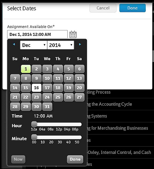 5 Click the calendar icon in the heading to open the Select Dates pane. Use the calendar widget to select the appropriate dates and times. (An Available On date is required.