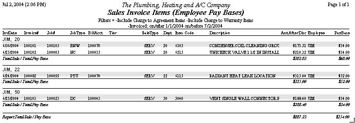 If you want to enter 1 item for totals by department you can group by tech, then by department. In this example you will make 3 miscellaneous wage entries: $68.00 for department 20 $52.