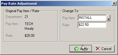 3. Select the new PAY ITEM. If the employee is set up to receive a different pay rate for the new pay item, the system will change the rate.