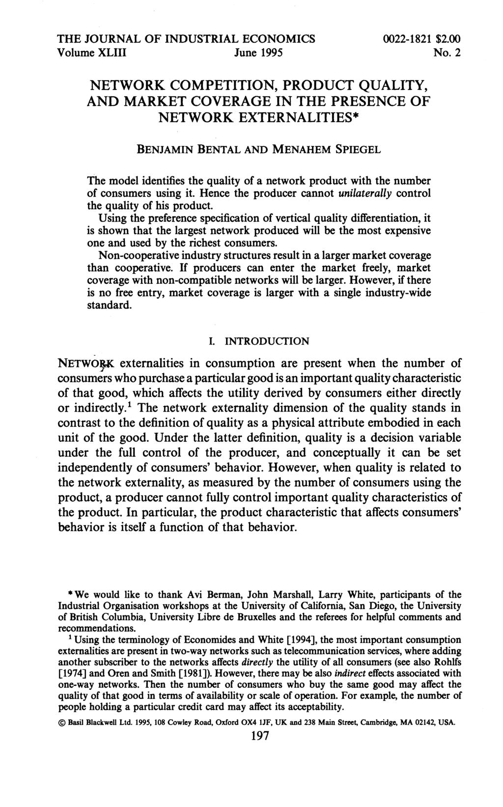 THE JOURNAL OF INDUSTRIAL ECONOMICS 0022-1821 $2.00 Volume XLIII June 1995 No.