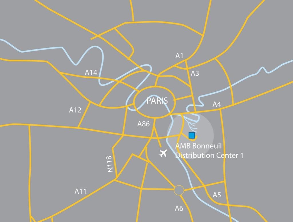 Location AMB Bonneuil Distribution Center 1 is situated in the catchment area of East Paris in a densely populated, highly developed urban district.